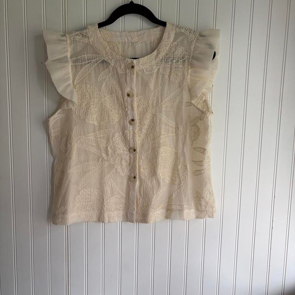 Cream polyester blouse with floral embroidery, size L